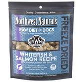 Northwest Naturals freeze-dried whitefish-salmon packaging open, preserving freshness for travel.