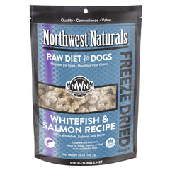 Northwest Naturals freeze-dried whitefish-salmon nuggets close-up, high-protein bite-sized treats.