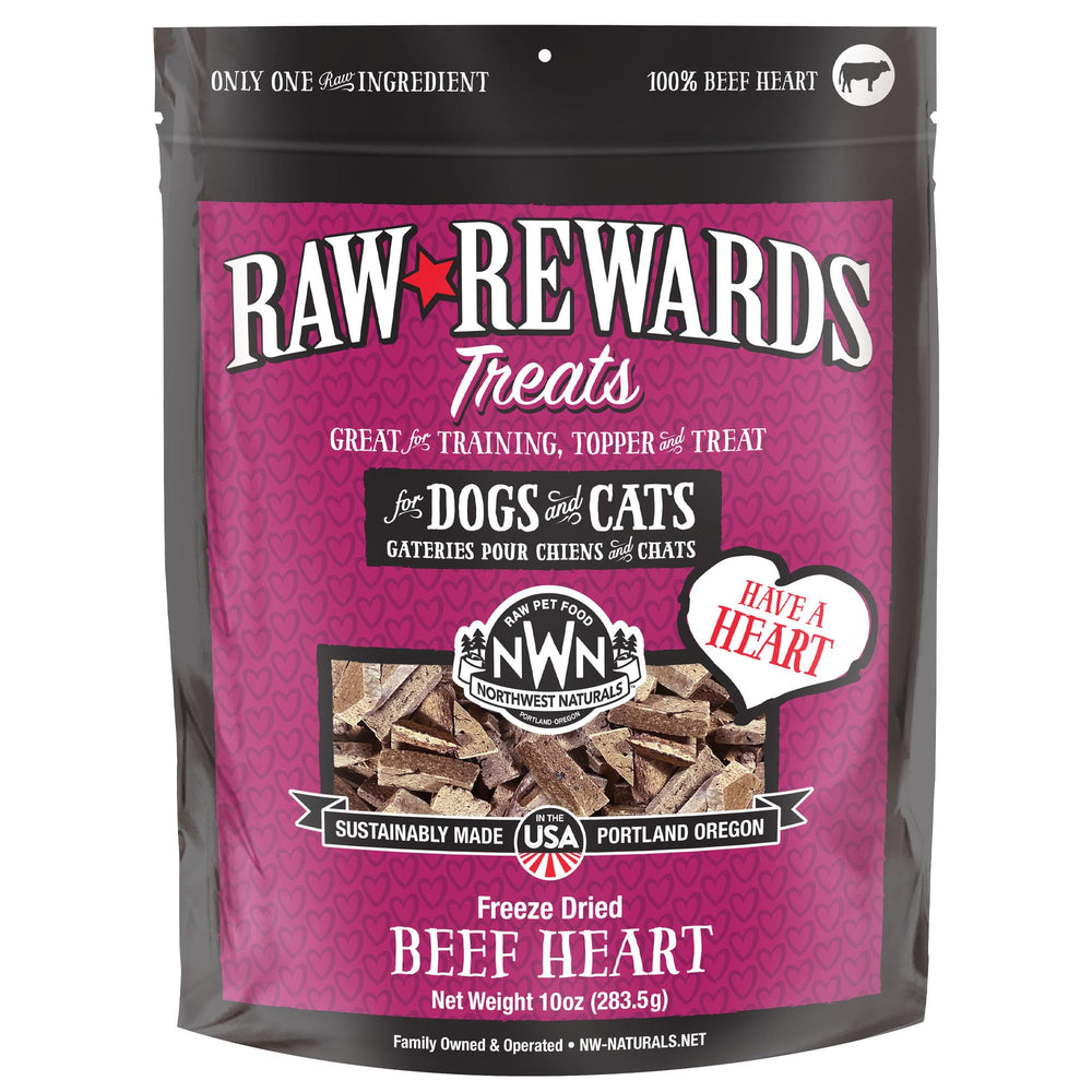 Northwest Naturals Raw Rewards Beef Heart treats, bite-sized, for dogs and cats, with a savory aroma.