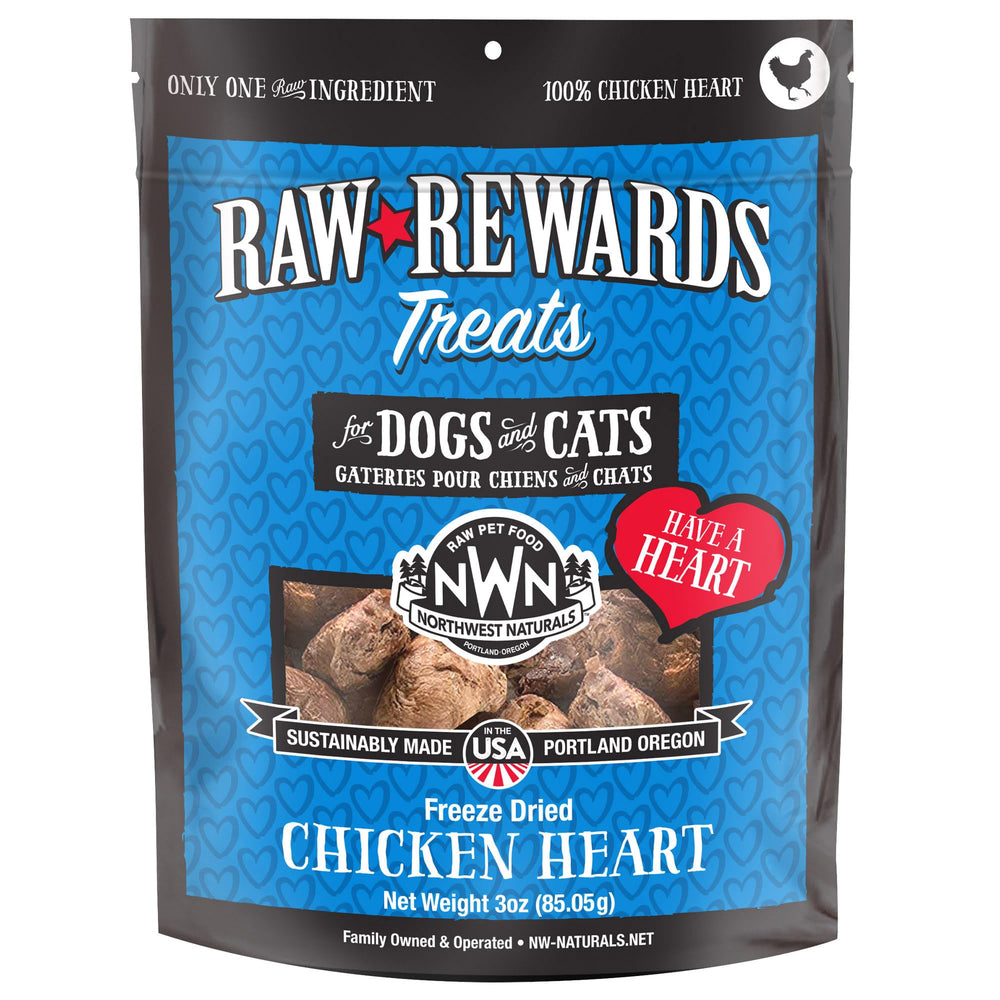 Northwest Naturals Raw Rewards freeze-dried chicken heart treats pack for easy pet snacking.
