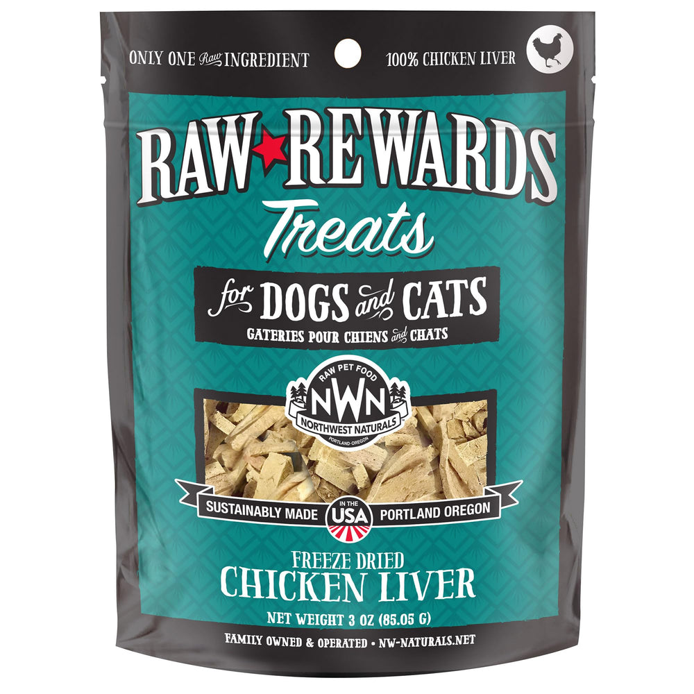 Northwest Naturals Raw Rewards chicken liver treats pack shot ideal bite-sized rewards for dogs and cats