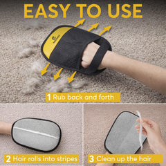 Noumii glove used on couch to lift pet hair efficiently.