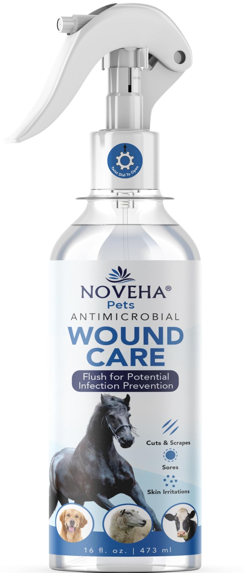 NOVEHA Pet Wound Spray bottle front view for equine wound care.