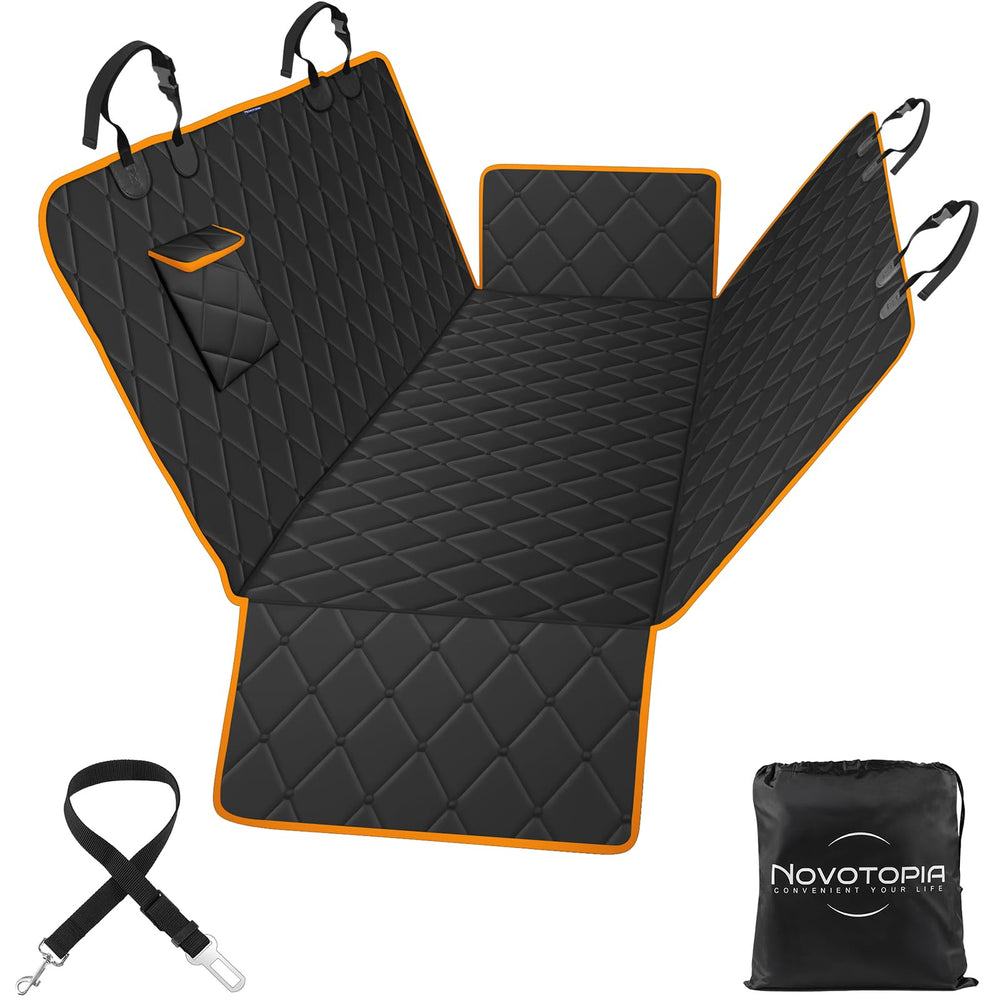 Novotopia dog seat cover on back seat provides waterproof protection for trips.
