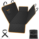 Novotopia dog seat cover on back seat provides waterproof protection for trips.