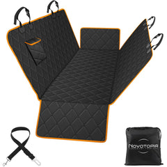 Novotopia dog seat cover on back seat provides waterproof protection for trips.