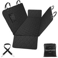 Novotopia dog seat cover with waterproof backseat protection for spills and mud.