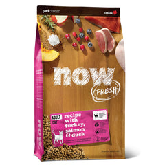 Now Fresh adult cat food kibble in a bowl with turkey, salmon, and duck for balanced nutrition.