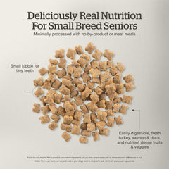 Now Fresh small-breed senior kibble ingredients highlight turkey, salmon, and duck.