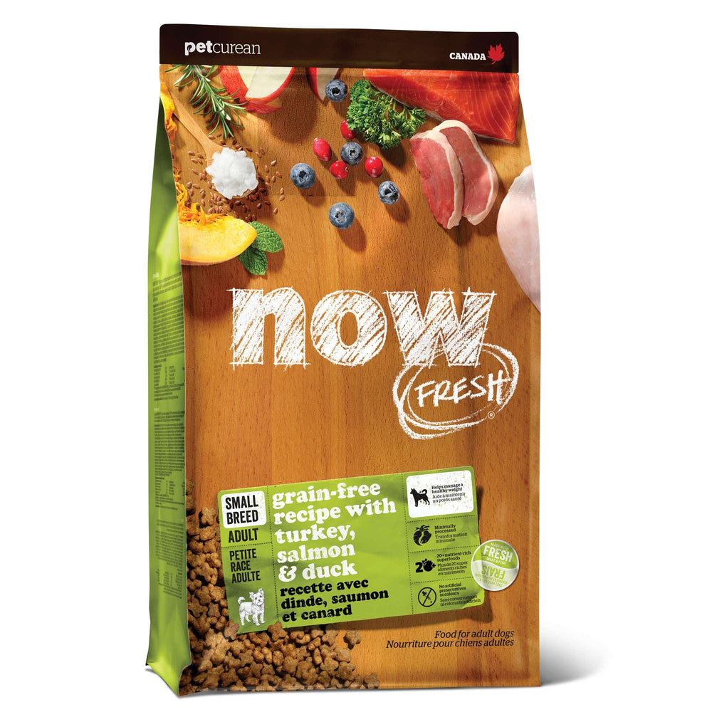 Now Fresh small-breed turkey-salmon-duck kibble, a multi-protein formula for picky eaters.