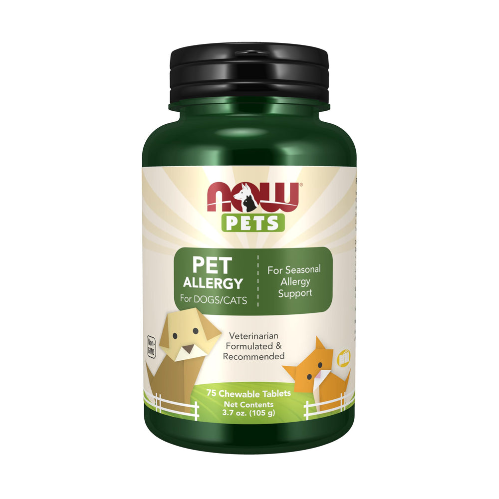 NOW Pets bottle front label, NASC-certified allergy supplement for cats and dogs.
