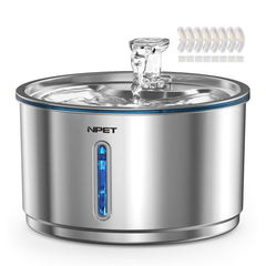 NPET stainless steel cat water fountain with 1 gallon capacity keeps pets hydrated.