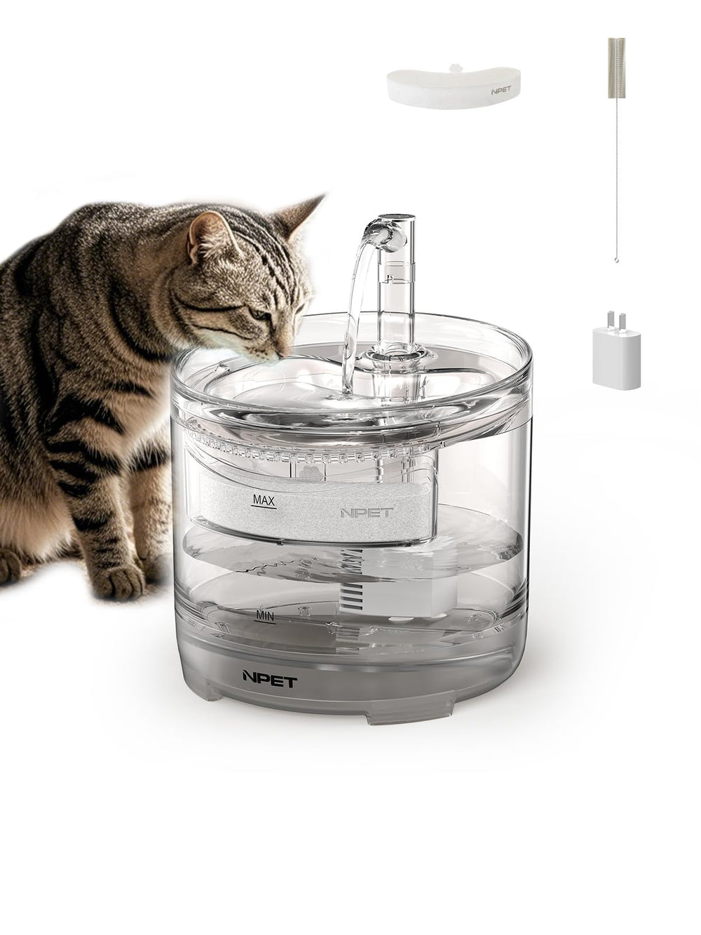 NPET WF050 fountain front view shows compact, pet-friendly design for home use.