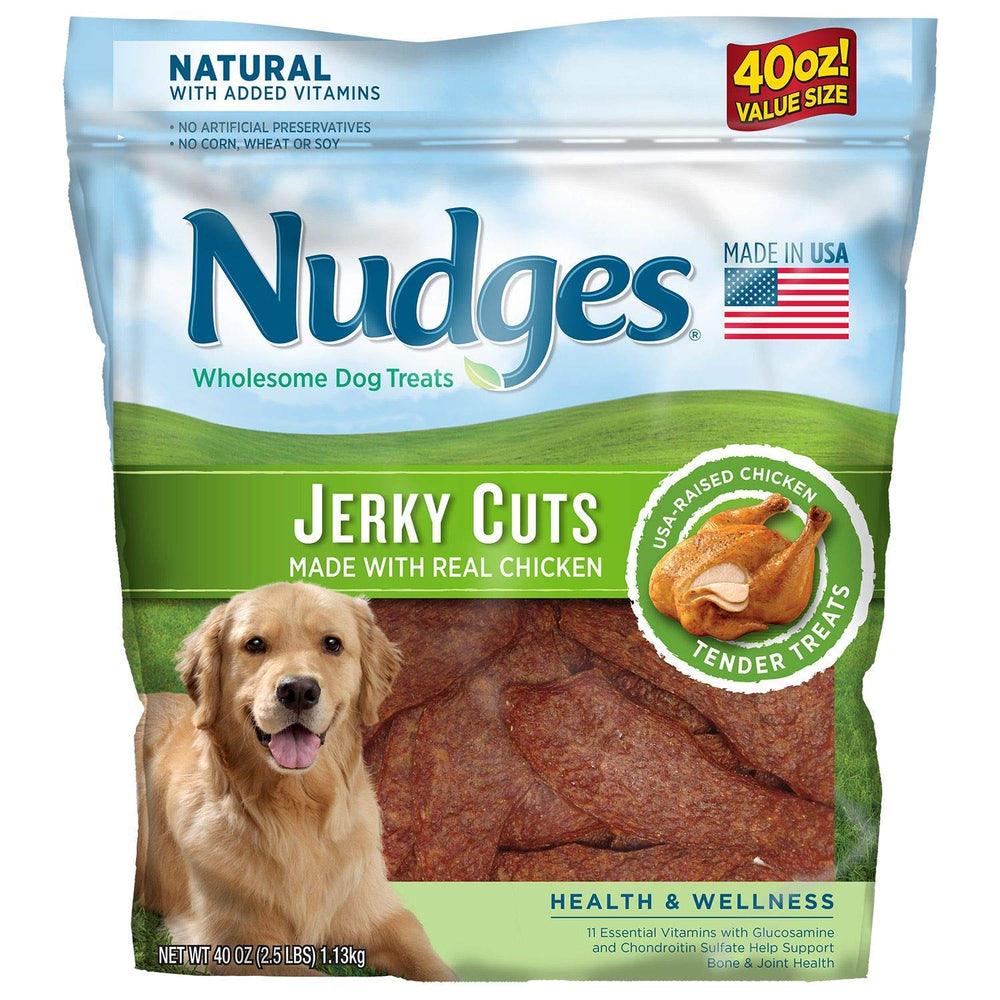 Nudges Health Wellness Chicken Jerky product shot highlighting real USA chicken for bonding rewards.