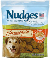 Nudges Homestyle Chicken Pot Pie dog treats packaging shown, ideal training rewards.