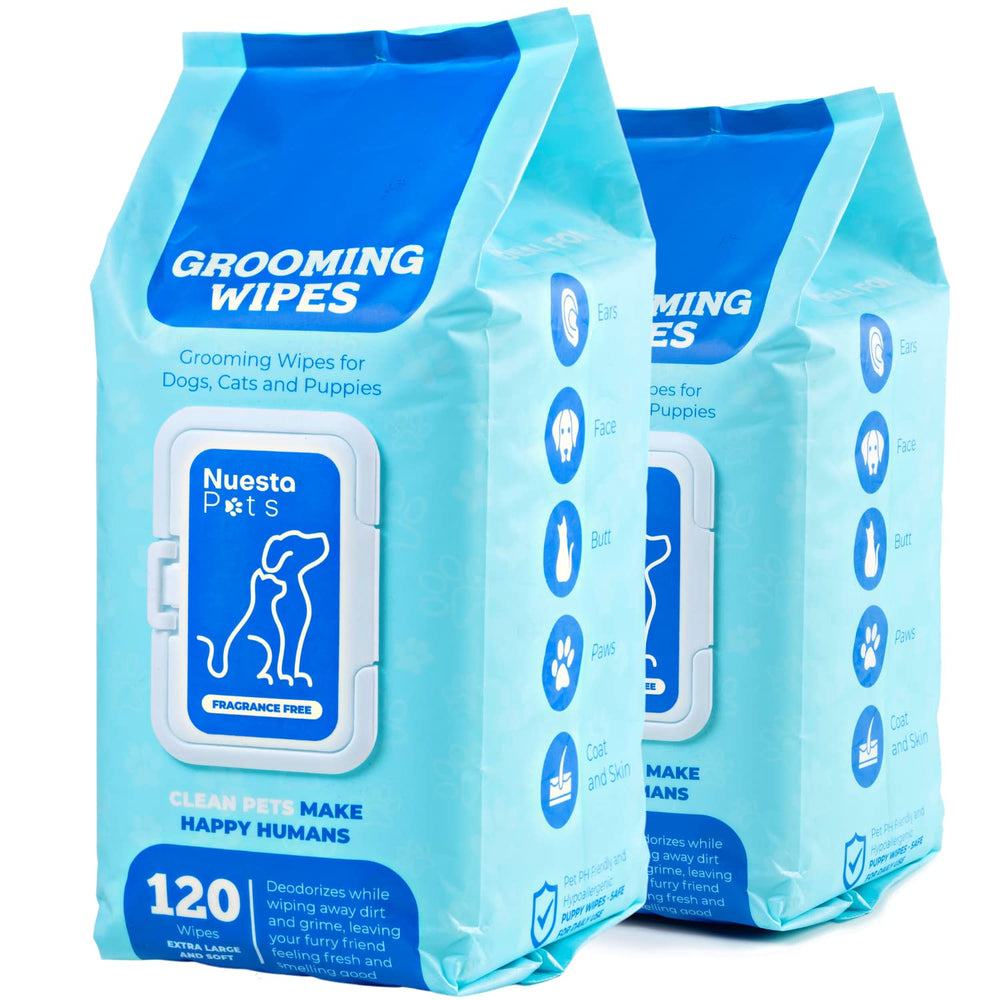 Nuesta Pets XL wipes pack showing extra-large sheets for quick cleaning and deodorizing.