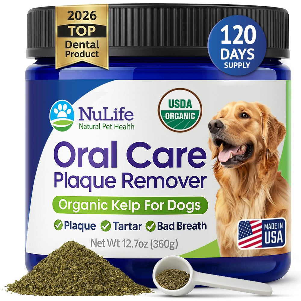 NuLife Dog Teeth Cleaning Powder bottle shows organic kelp formula for fresh breath
