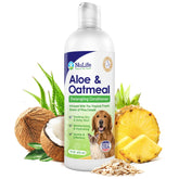 NuLife Natural Pet Health Oatmeal Dog Conditioner bottle pour for hydration and shine.