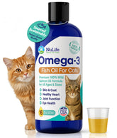 NuLife salmon oil cat bottle highlights premium omega-3 for a glossy coat and healthy skin.