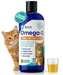 NuLife salmon oil cat bottle highlights premium omega-3 for a glossy coat and healthy skin.