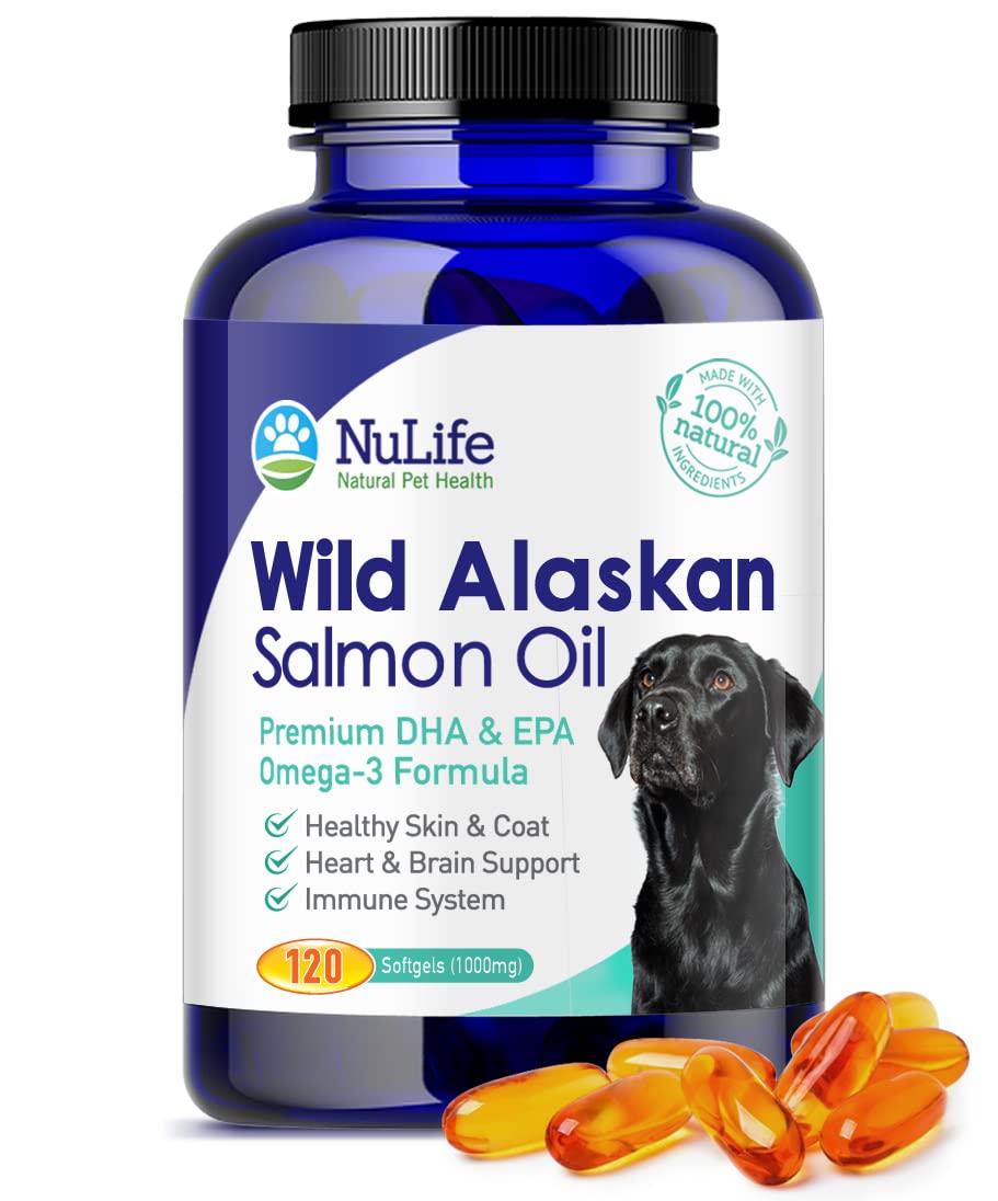 NuLife Salmon Oil for Dogs bottle shows pure wild Alaskan oil for daily wellness