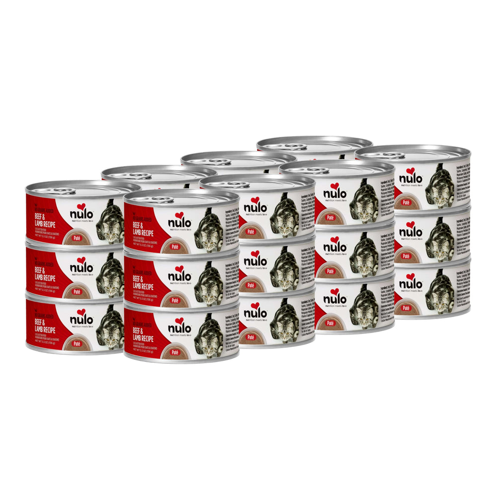 Nulo beef and lamb pate cans on display, convenient 24-pack for daily feeding.