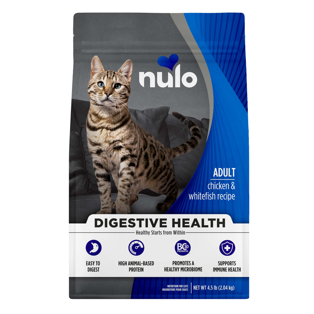 Nulo Digestive Health cat chicken-whitefish bag showing digestion-friendly recipe