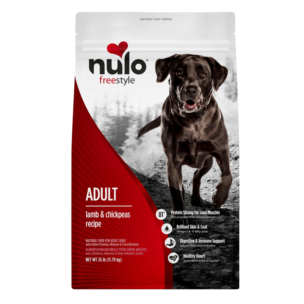 Nulo Freestyle adult dog food bag showcases grain-free formula for lean muscles.