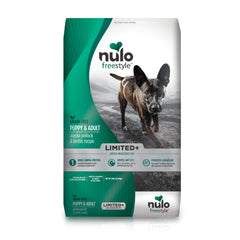 Nulo Freestyle Alaska Pollock and Lentils dry dog food bag supports lean muscles and energy.