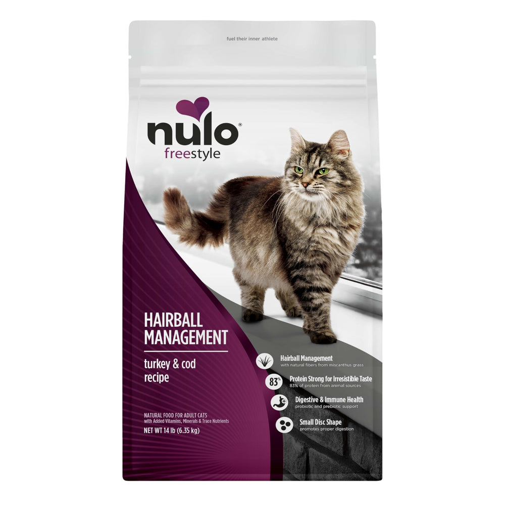 Nulo Freestyle hairball bag demonstrates hairball management support in premium dry cat food.