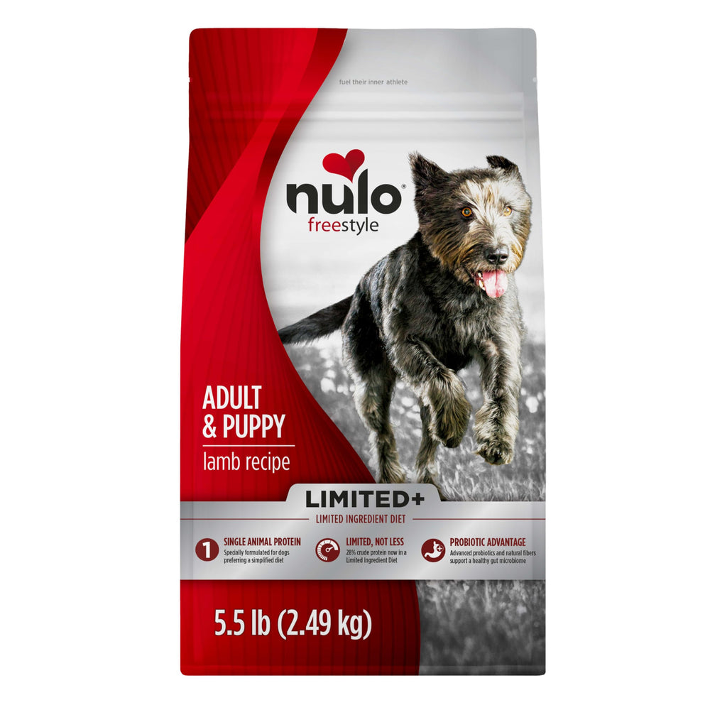 Nulo Freestyle lamb dry dog food bag showing a single-protein formula for sensitive stomachs.