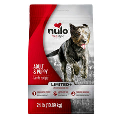 Nulo Freestyle Lamb dry dog food bag showing high-protein kibble for lean muscles.