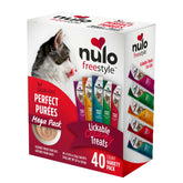 Nulo Freestyle Perfect PurΓ©es variety-pack packaging shown for cat toppers and hydration