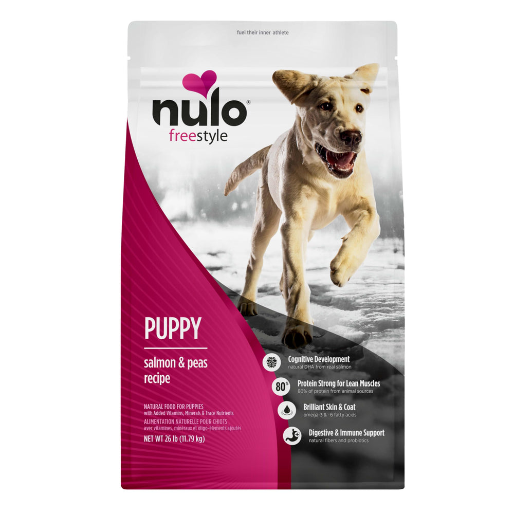 Nulo Freestyle Puppy salmon kibble bowl showing grain free meal for small and medium breeds