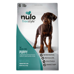 Nulo Freestyle Puppy bag front showing grain-free turkey recipe for growing puppies