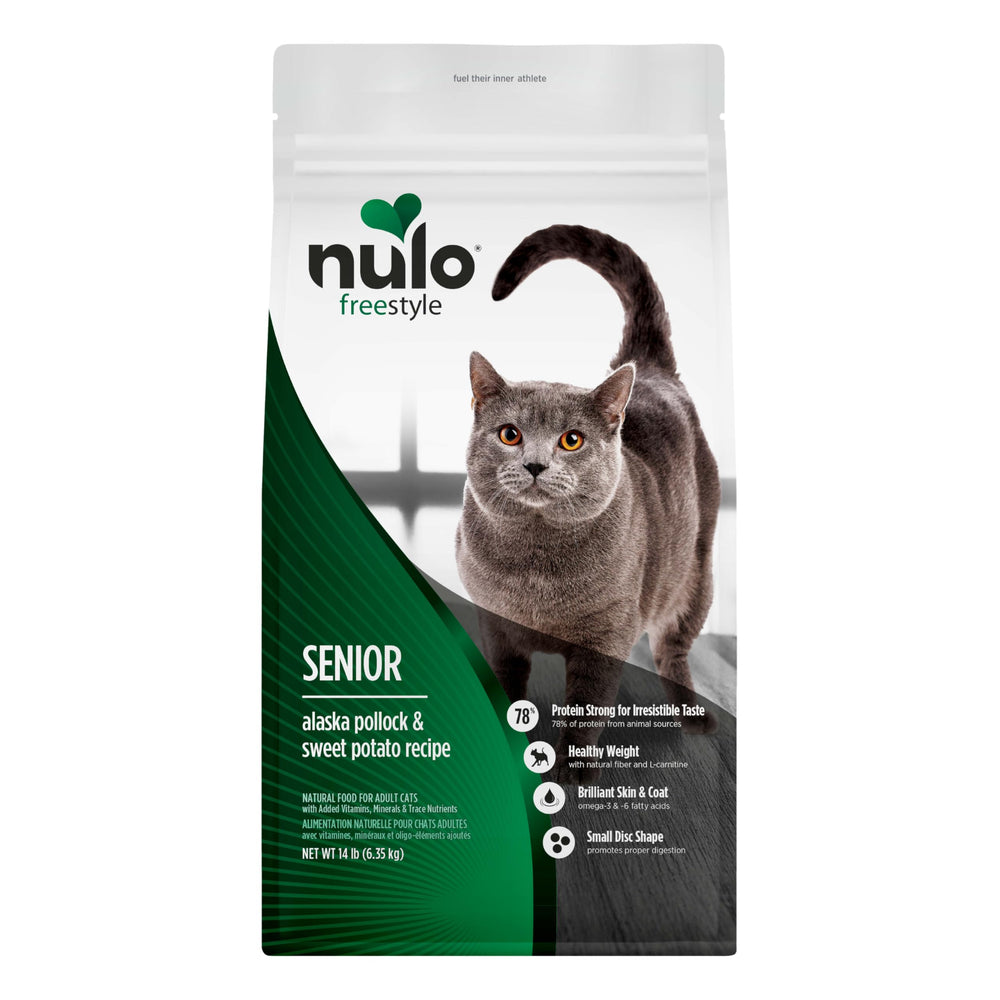 Nulo Freestyle Senior Alaska Pollock bowl supports lean muscle for aging cats.