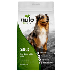 Nulo FreeStyle Senior trout and sweet potato kibble in a bowl, supporting lean muscles