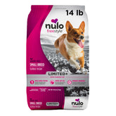 Nulo Freestyle small breed turkey bag shows grain-free formula for sensitive stomachs.