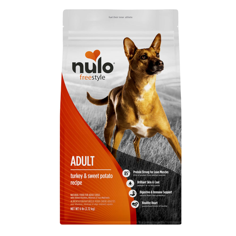Nulo FreeStyle turkey-sweet-potato kibble in a bowl supports lean muscle.