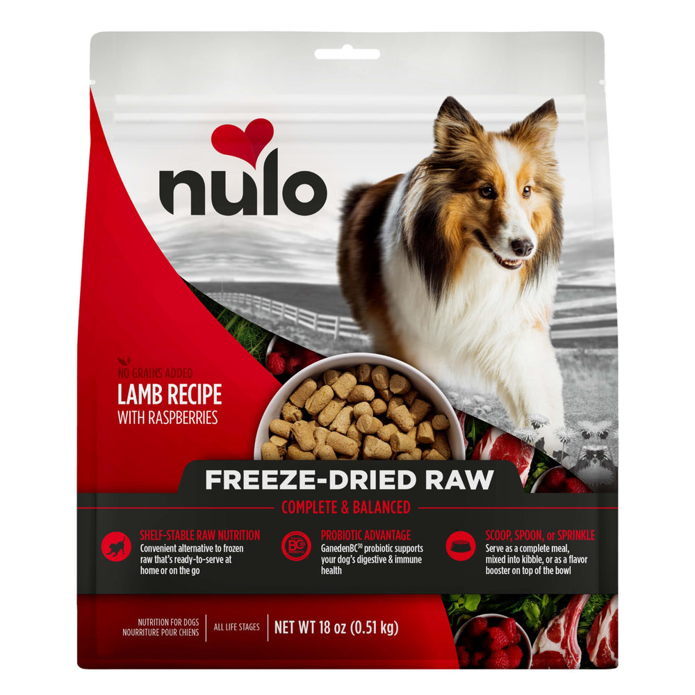 Nulo Freeze-Dried Raw Lamb recipe bag front highlights convenient protein option for dogs