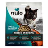 Nulo freeze-dried turkey-salmon bag close-up shows high-protein nutrition for dogs.