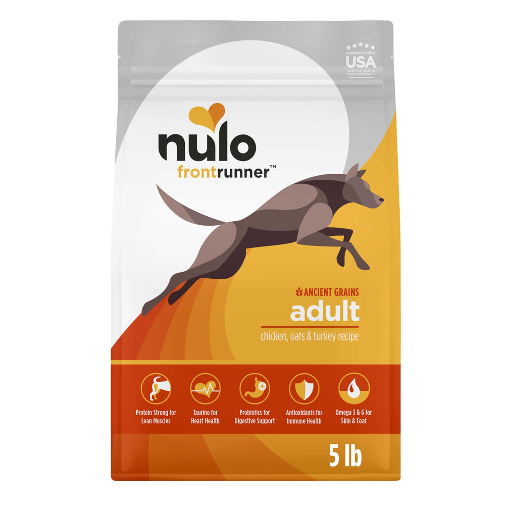 Nulo Frontrunner 5lb bag showing chicken and turkey protein for lean muscle support