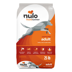 Nulo Frontrunner bag front showing high-protein turkey-trout recipe for dogs