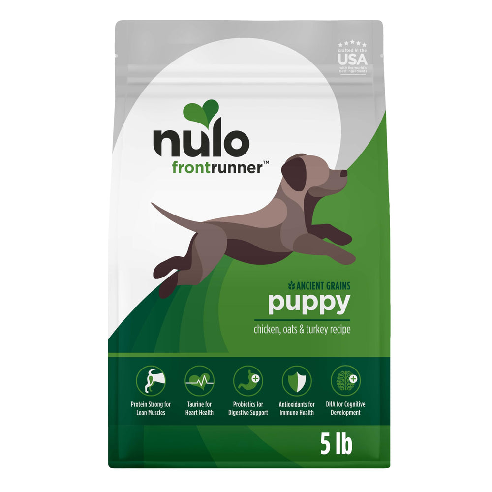 Nulo Frontrunner Puppy Food kibble close-up shows high-protein bites for lean muscle