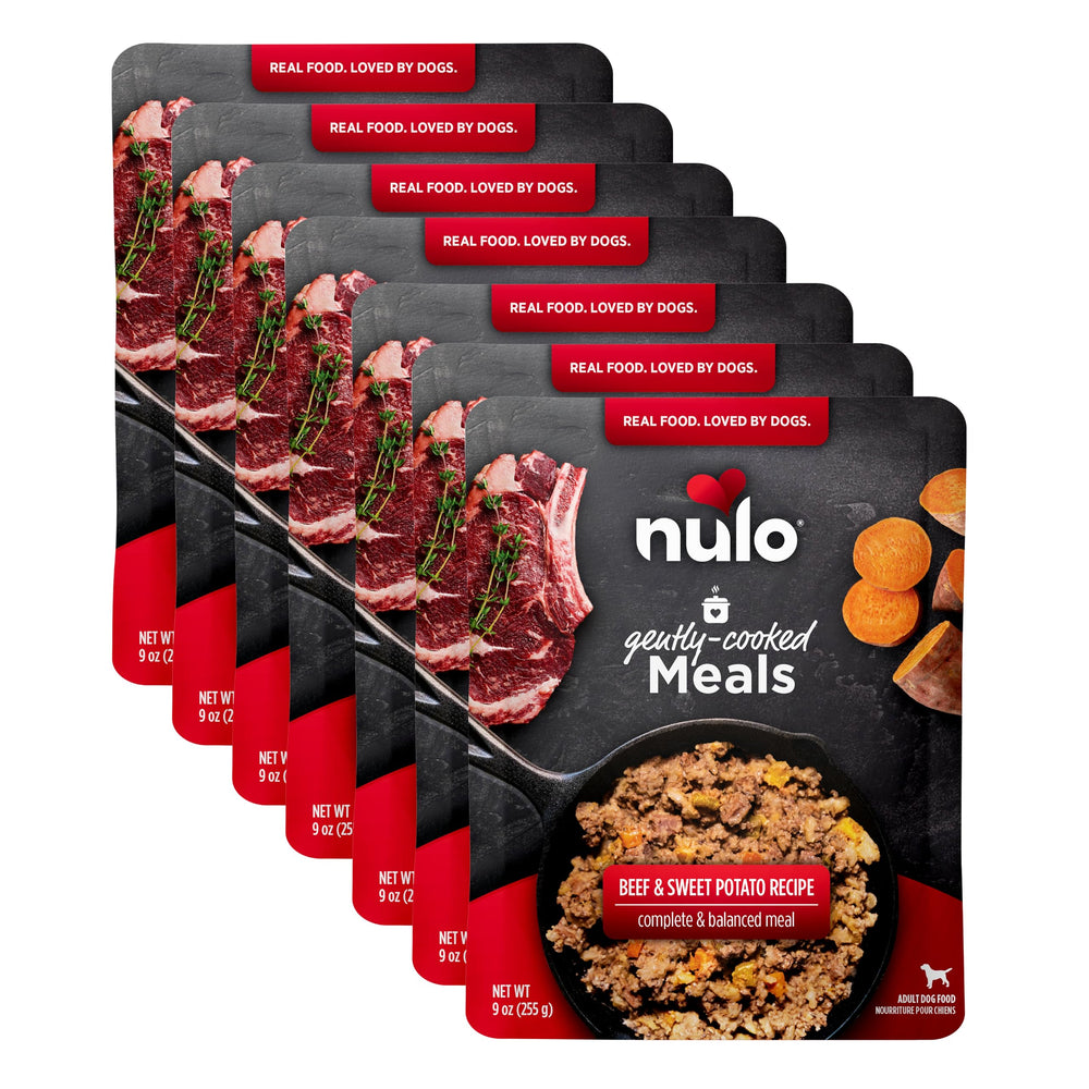 Nulo Gently-Cooked Meals beef and sweet potato pouch for easy, complete nutrition.