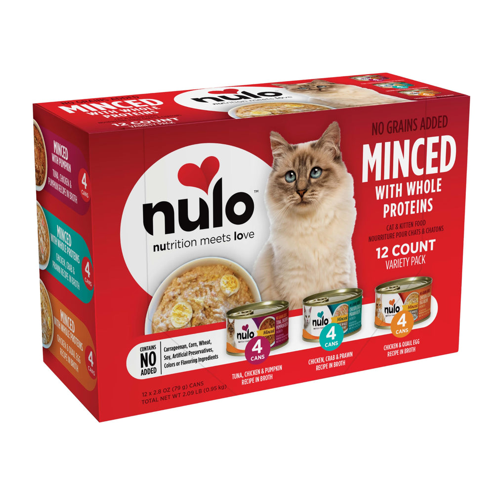 Nulo Minced Variety Pack cans close-up showing rich texture for picky cats.