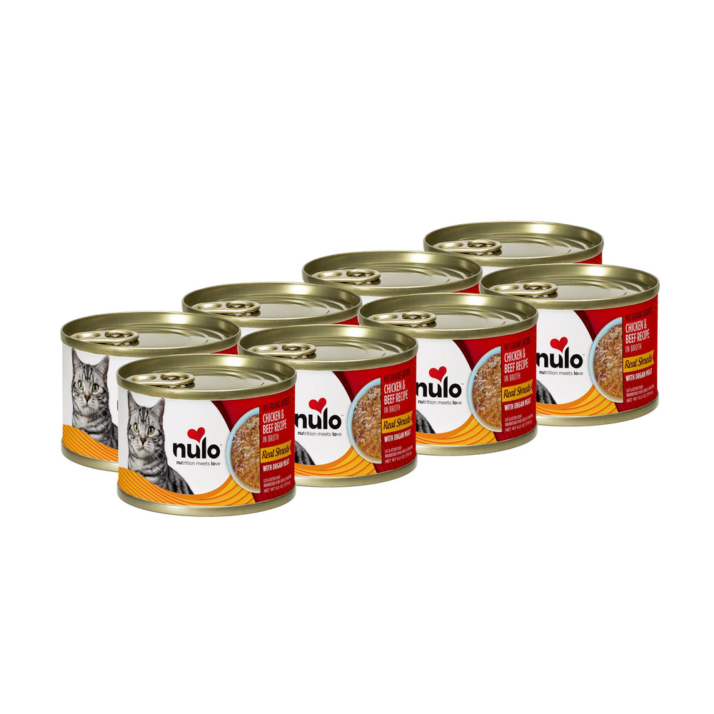 Nulo Real Shreds organ-meat cat food can front with chicken and beef, grain-free nutrition.