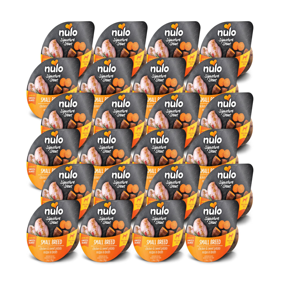 Nulo Small Breed Signature Stew packaging shows grain-free nutrition for on-the-go meals