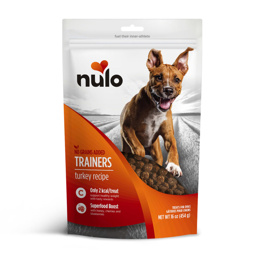 Nulo Trainers Turkey Recipe bag showing low-calorie training treats.