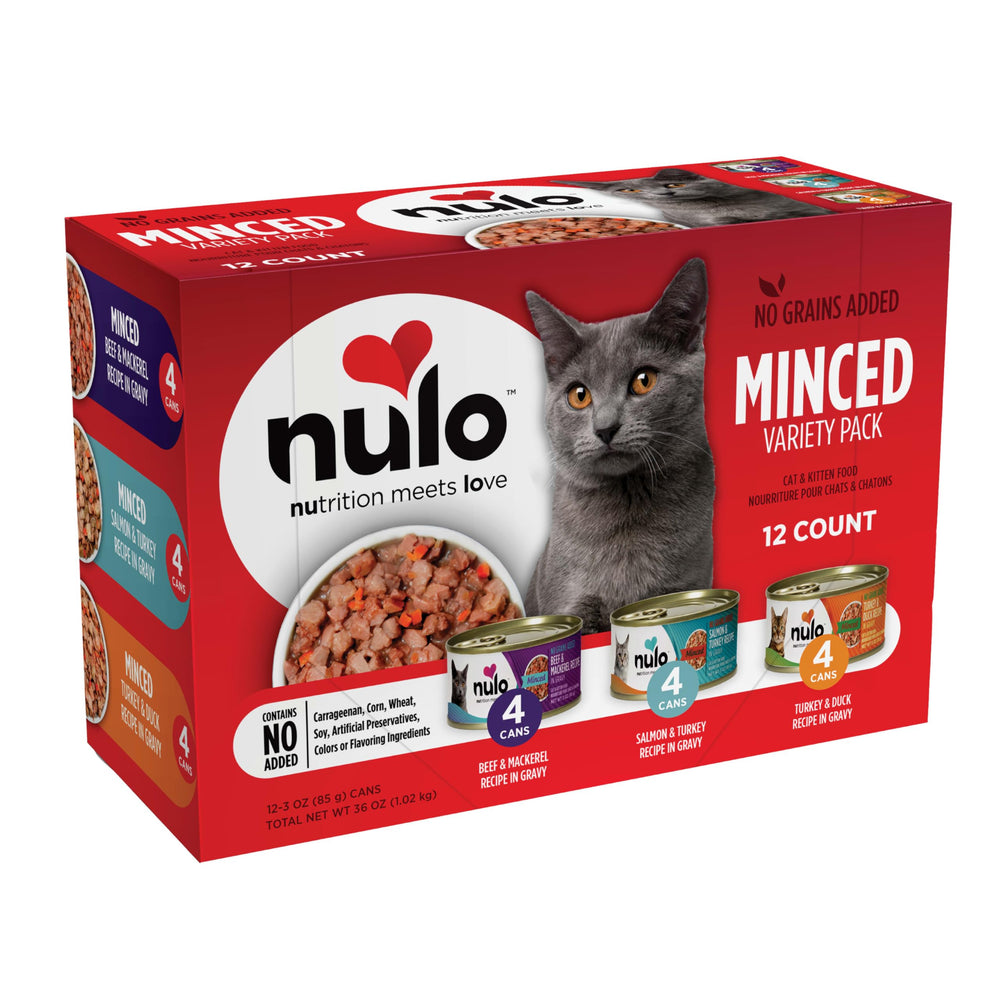Nulo variety flavors minced wet cat food in a bowl showing five-protein mix for flavor variety.